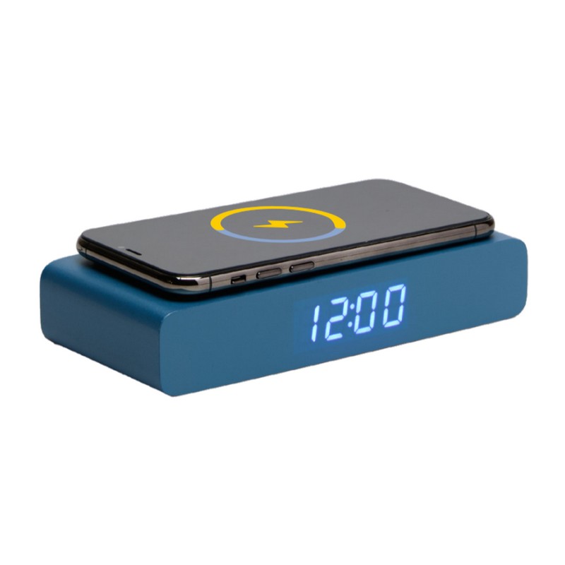 Orologio-sveglia digitale in legno blu con display LED, temperatura e ricarica cellulare wireless, funzionamento con cavo USB incluso